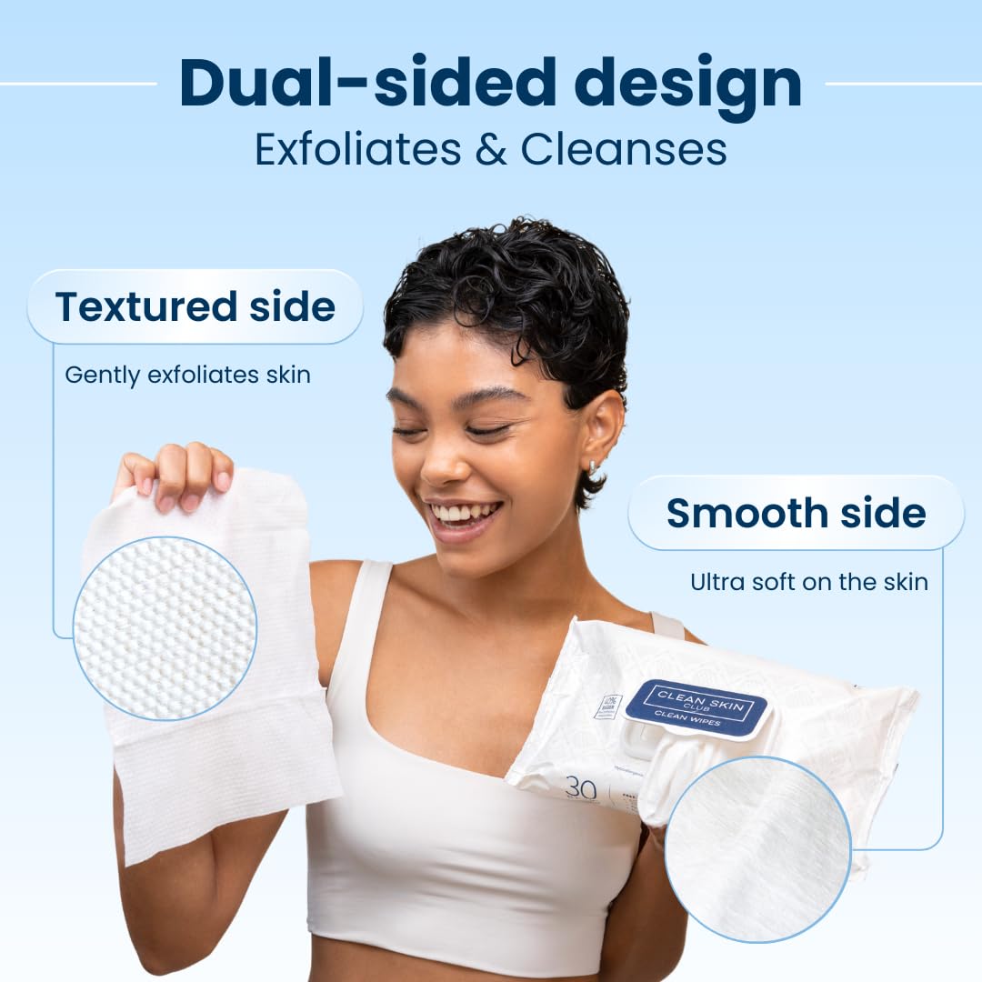 Clean Skin Club XL Premium fragrance-free face wipes, extra moist makeup remover w/ exfoliating side, (30 Ct)