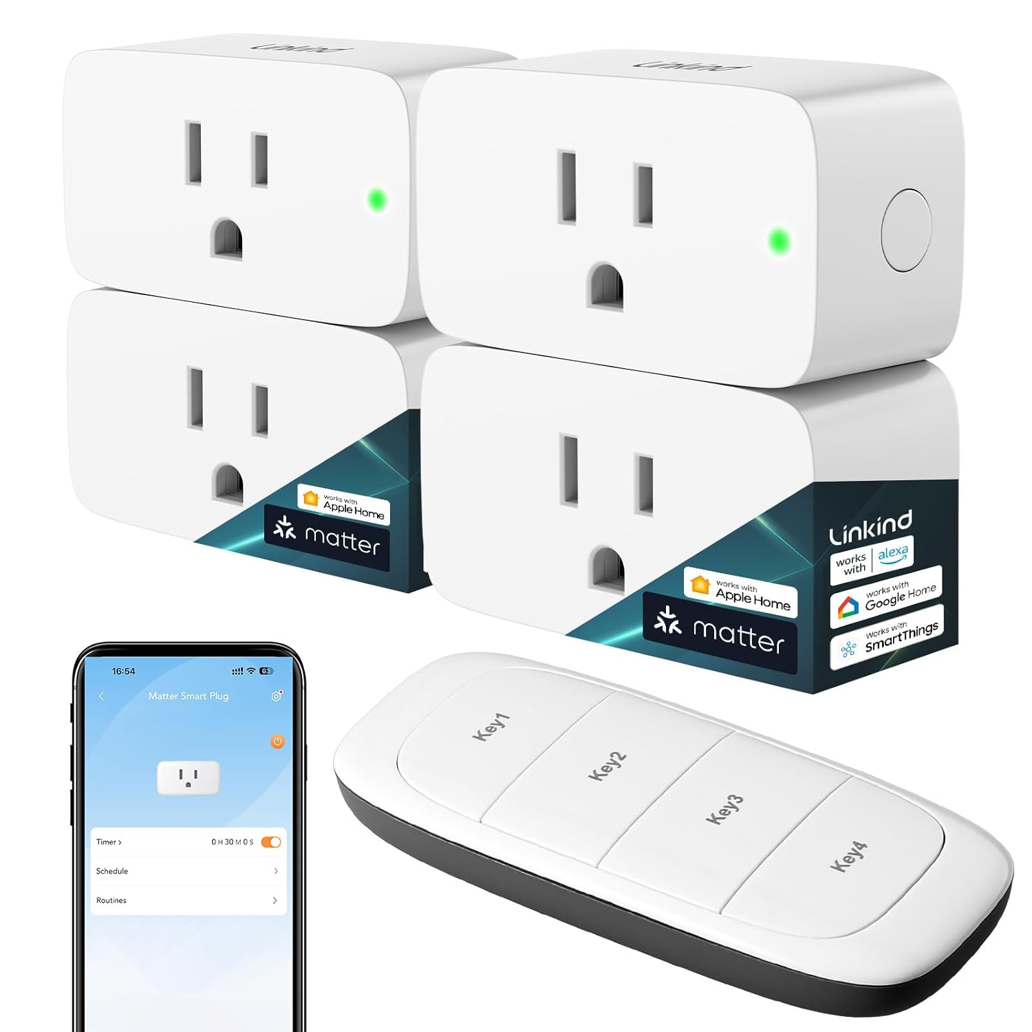 linkind matter smart plug, work with apple home, alexa, google, smartthings, 15a/1800w, app remote control & schedule