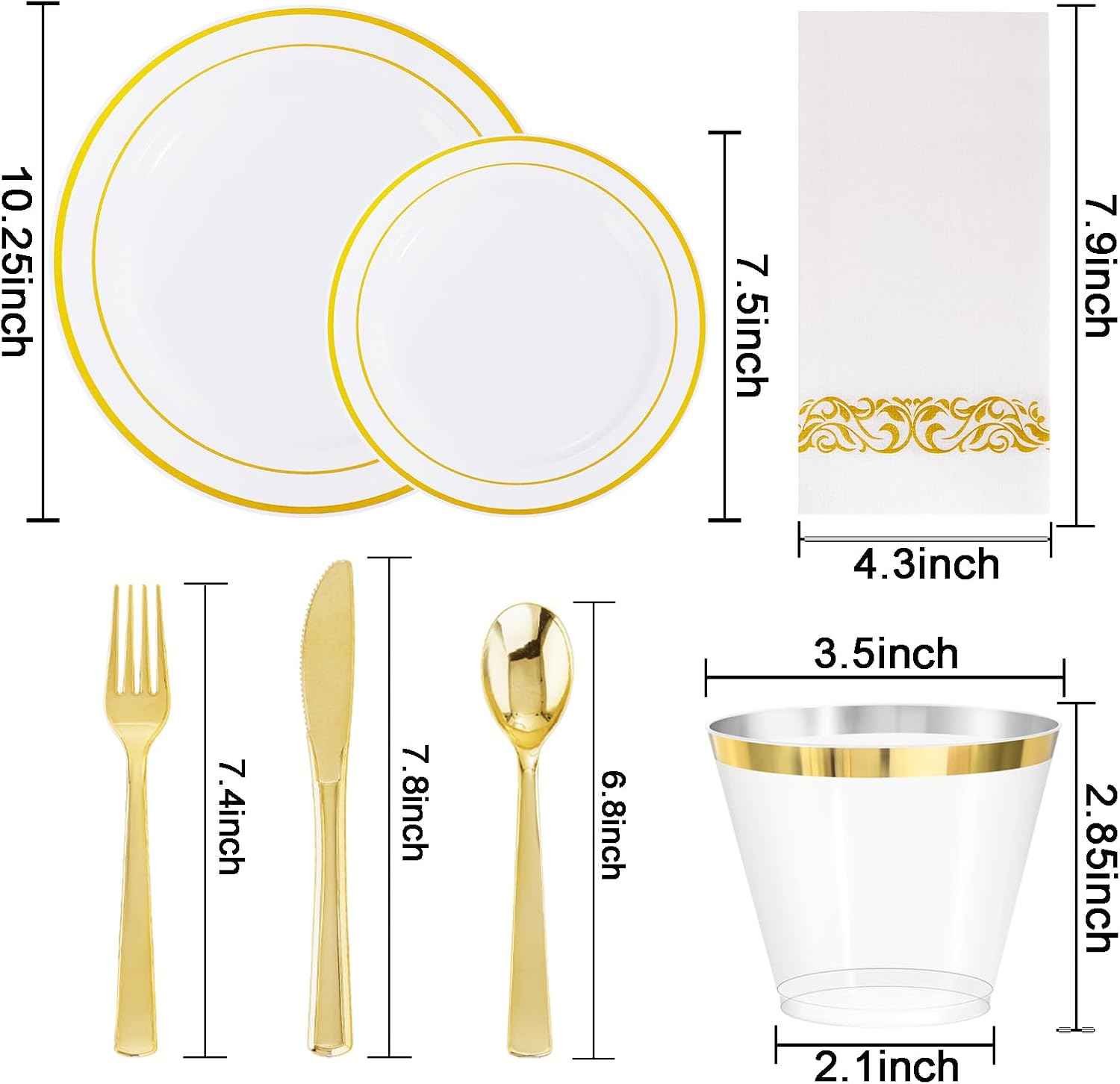 WELLIFE 700 Pieces Gold Plastic Dinnerware Set for 100 Guests - Includes Plates, Cups, Napkins, and Disposable Cutlery - Elegant White & Gold Design, Perfect for Parties and Events