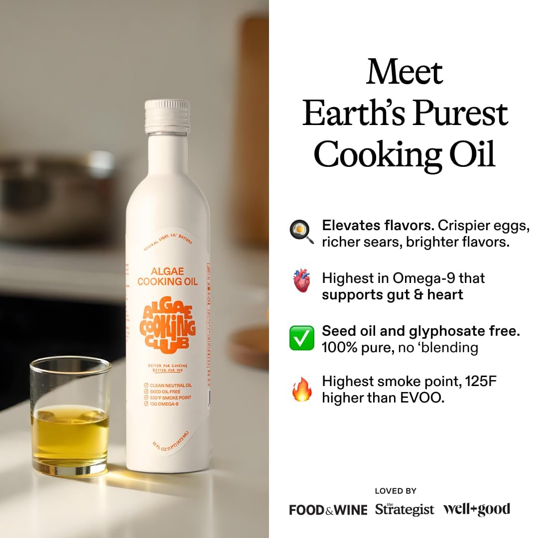 Algae Cooking Club Chef-Grade 100% Algae Cooking Oil, 16 fl oz, Seed Oil-Free, High Smoke Point, Omega-9 Rich