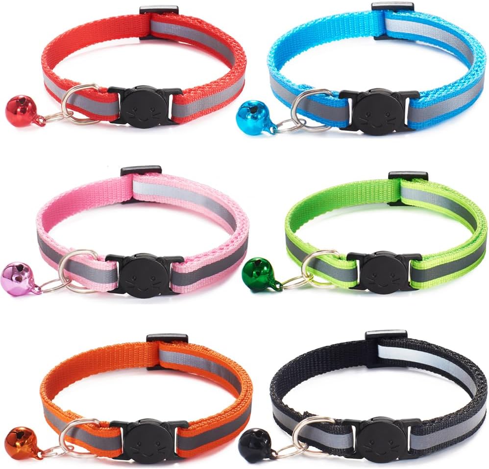 Nylon 6 Pack Reflective Cat Collar with Bell and Breakaway Buckle Adjustable 19-32cm Mixed Colors