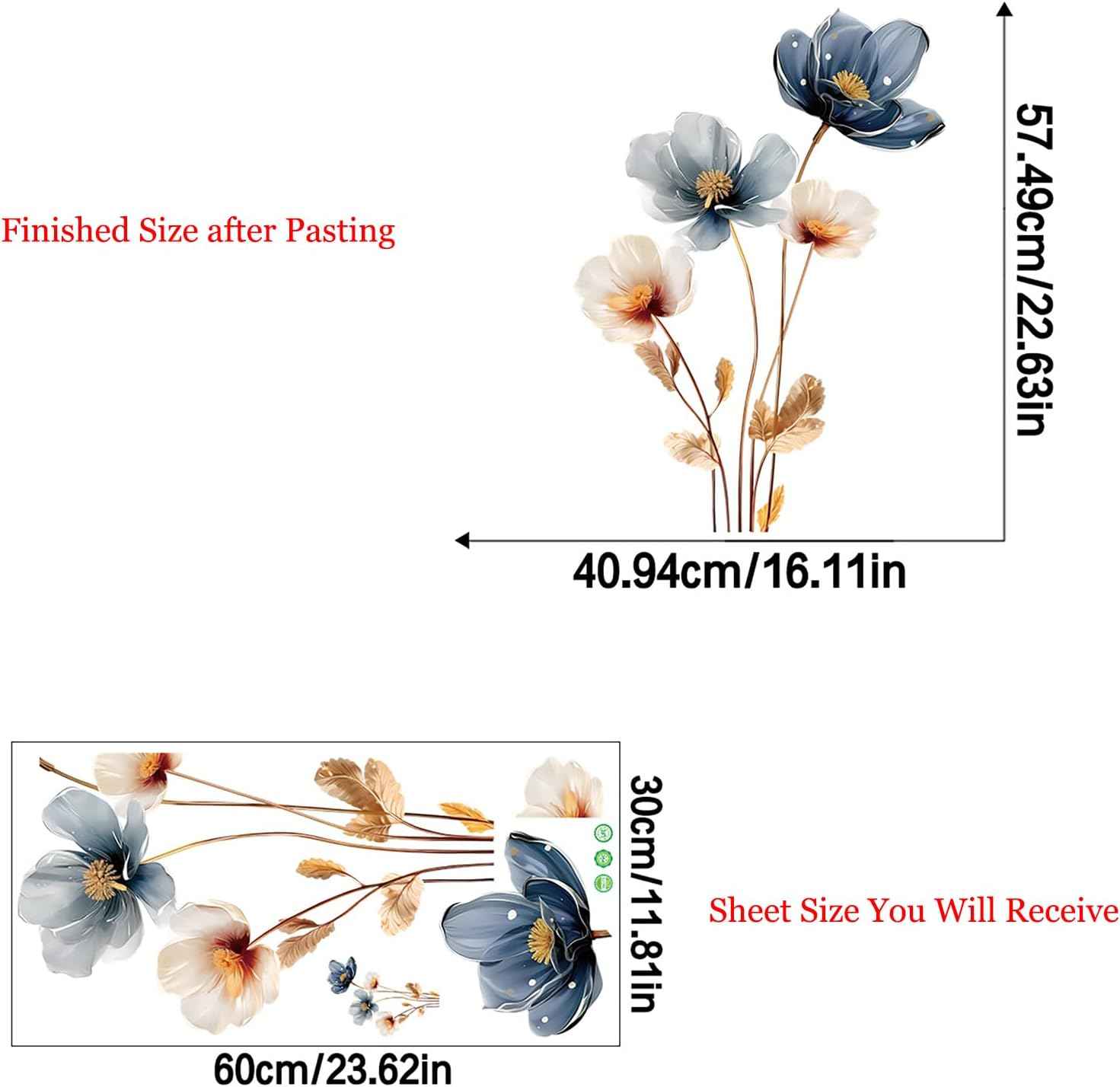 Gold Leaf Blue Flower Wall Decal PVC Wall Sticker Vintage Watercolor Floral Wall Art for Living Room Bedroom Home Decor