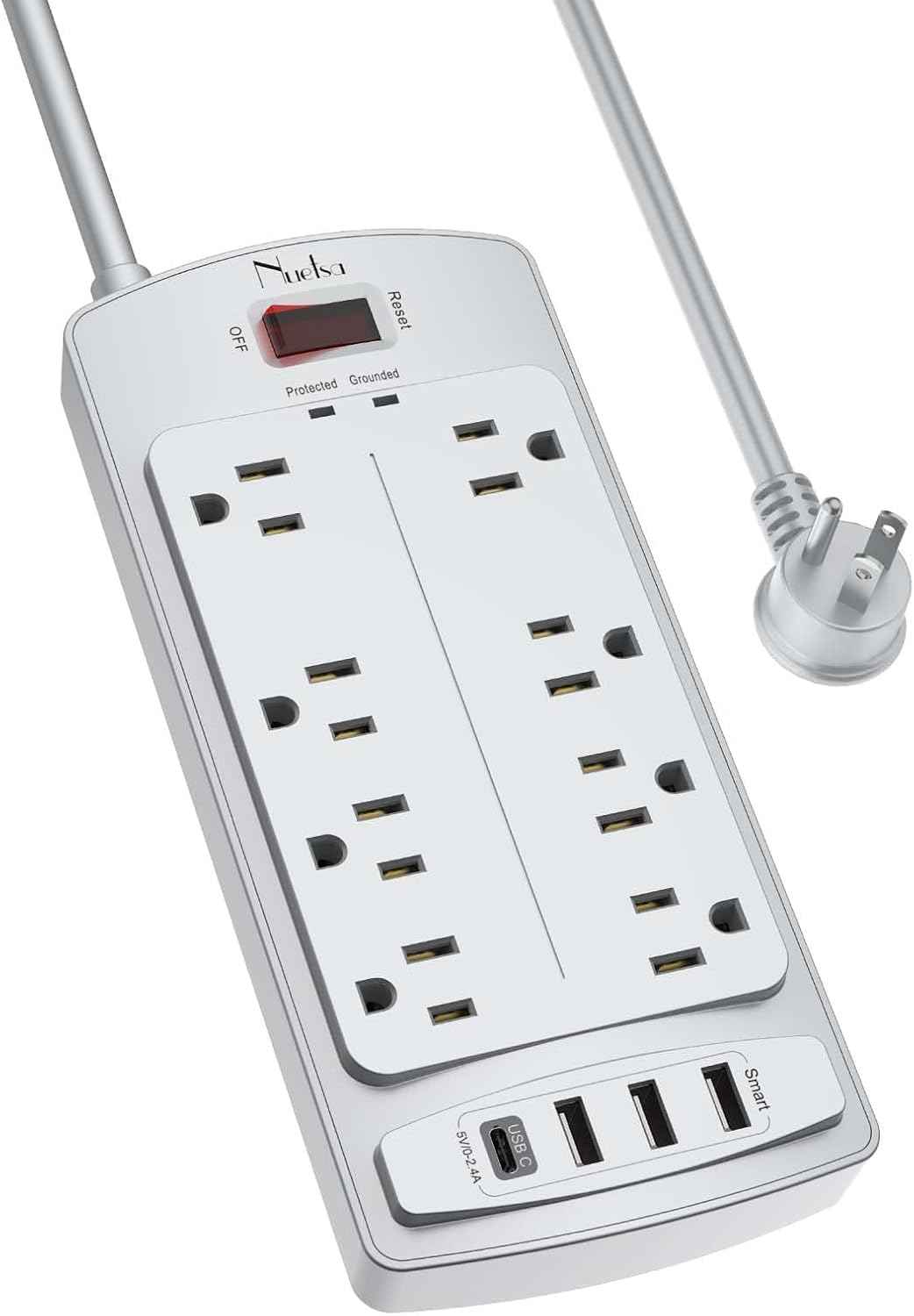 Surge Protector Power Strip - Nuetsa Flat Plug Extension Cord with 8 Outlets and 4 USB Ports, 6 Feet Power Cord (1625W/13A), 2700 Joules, ETL Listed, Black