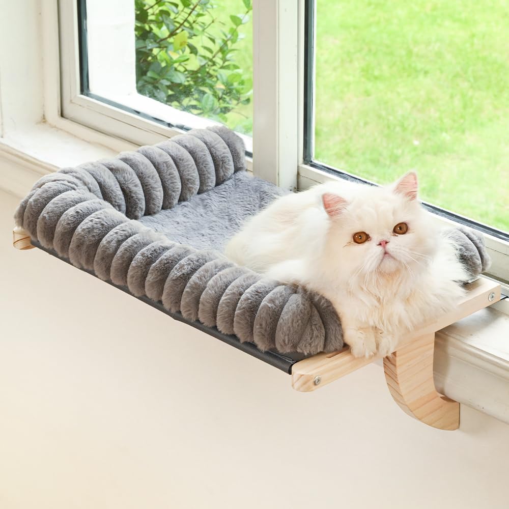 Cloud-Soft cat window perch with zipper cushion, solid wood & metal frame, large cat bed for windows (Large, White)