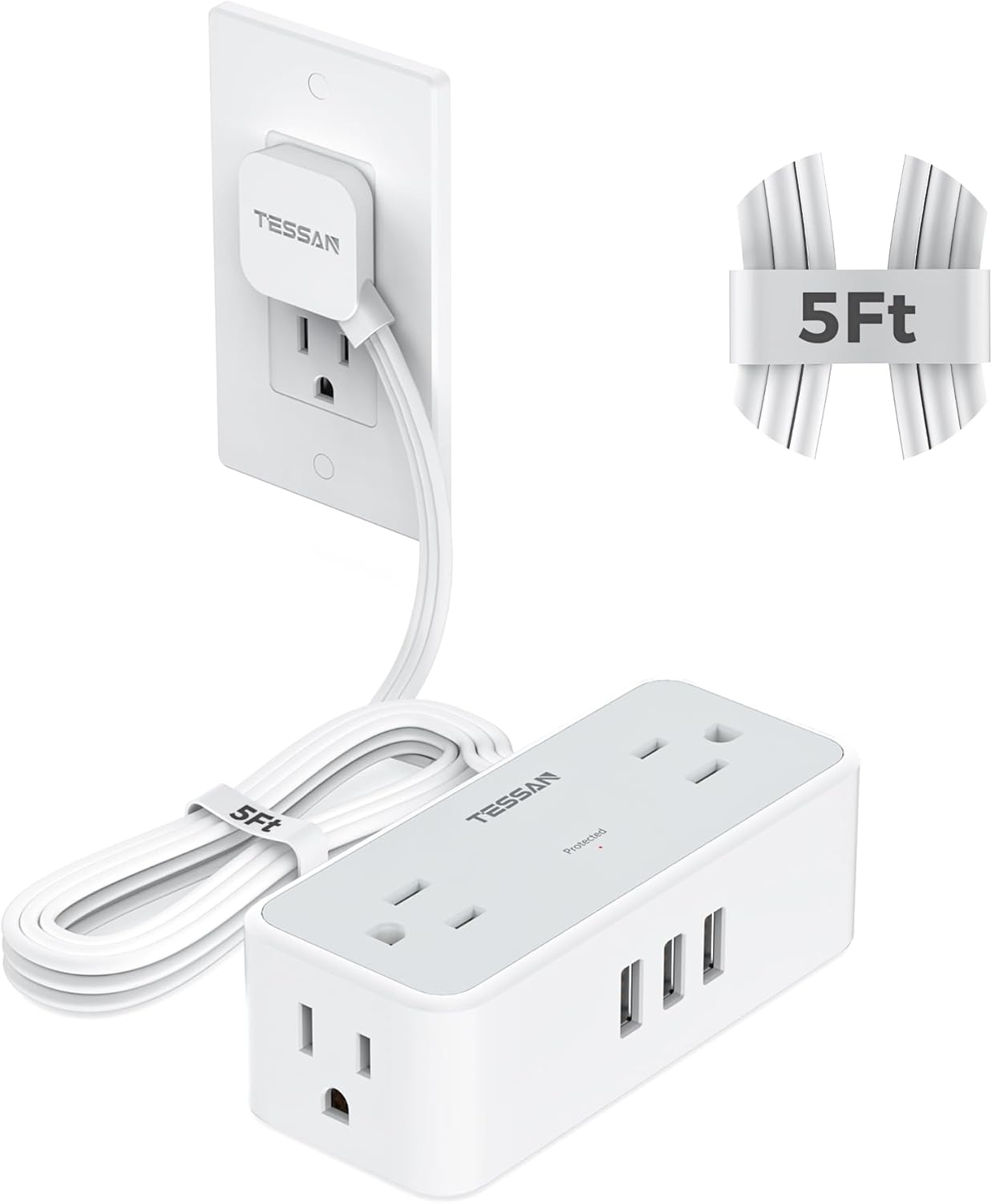 TESSAN 5 FT flat plug extension cord with 4 AC outlets and 3 USB ports for home office or dorm