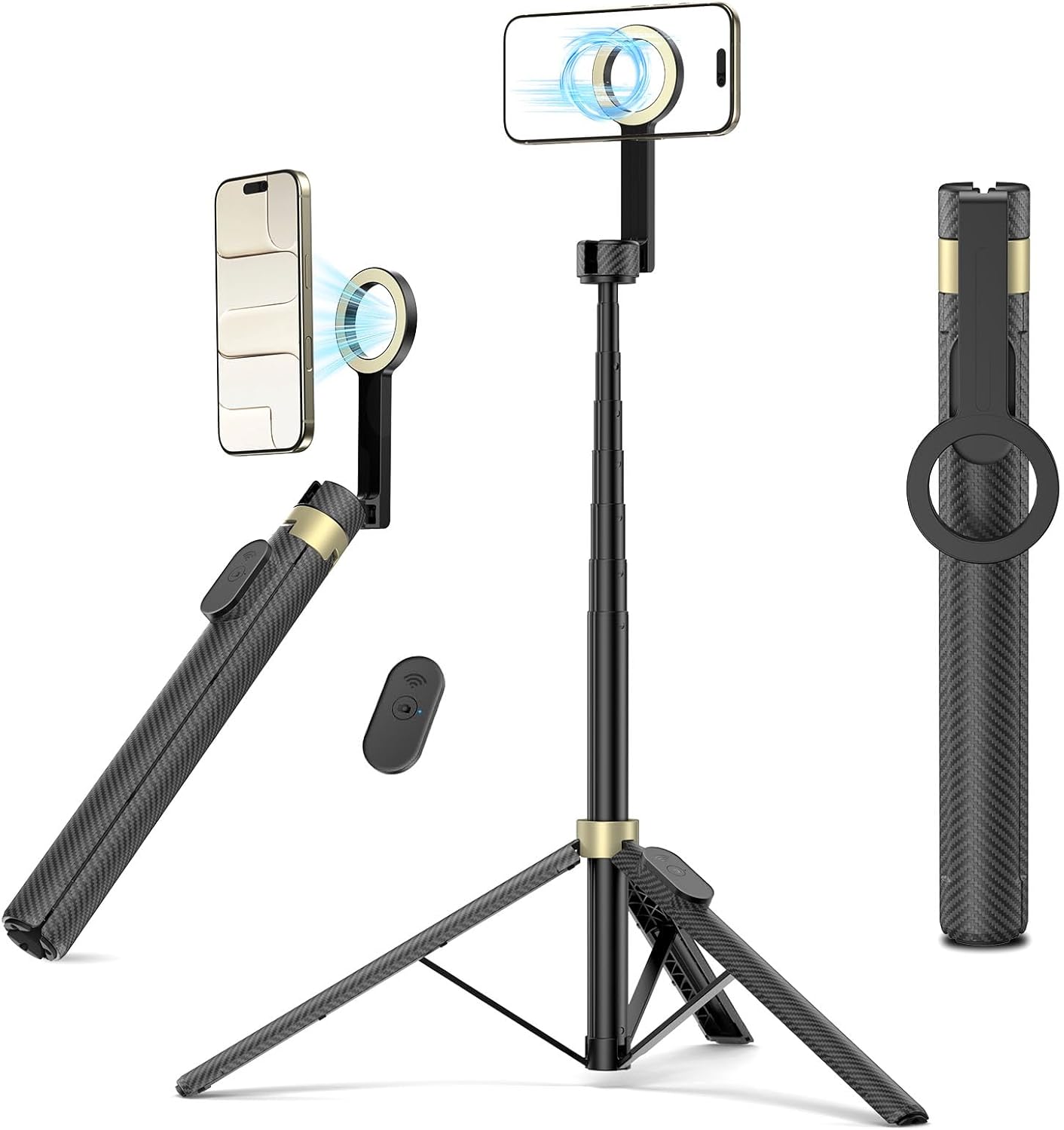 Vimose 65" Magnetic Tripod for iPhone, Selfie Stick Tripod with Remote, 360° Rotatable Extendable Travel Tripod Phone Stand with Metal Ring, Compatible with iPhone Android