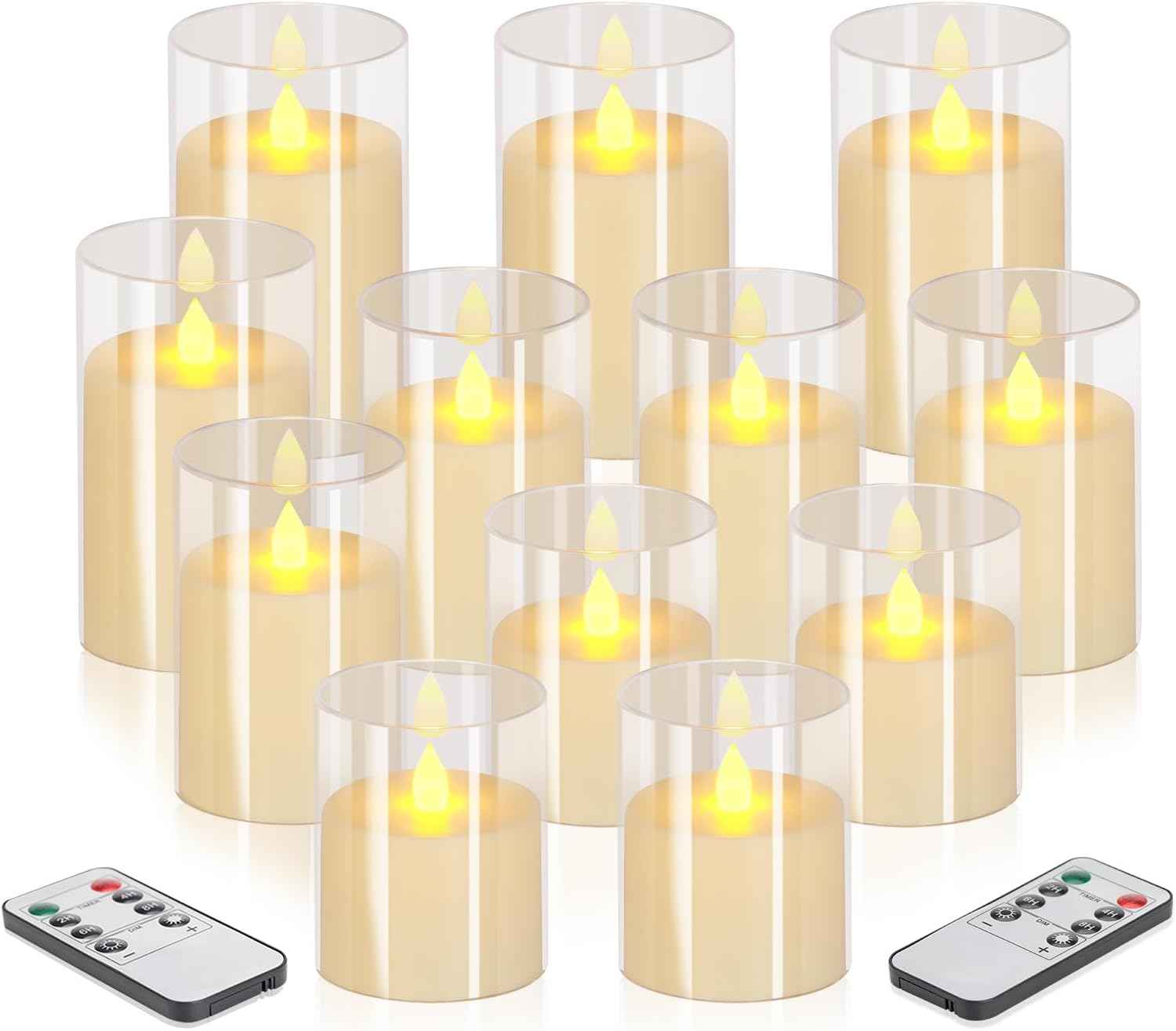 Flameless Candles 4" 5" 6" Set of 3 Acrylic Glass Pillars 3" Diameter Battery Operated Flickering Candles Include 10-Key Remote with Timer Function 400+ Hours (Gray, Warm Light 3 Pack)