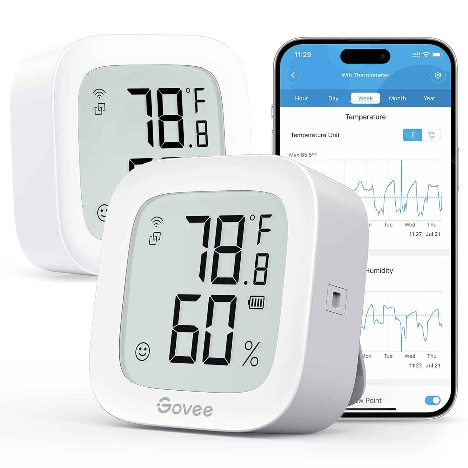 Govee WiFi Thermometer Hygrometer H5103, Indoor Bluetooth Temperature Humidity Sensor with Electronic Ink Display, App Notification Alert, Free Data Storage Export, Digital Remote Monitor for Bedroom