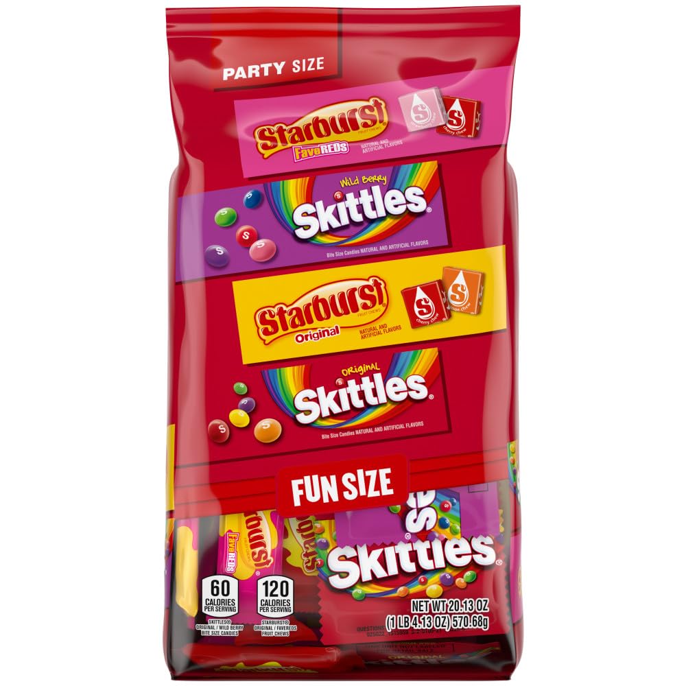 skittles original and starburst fun size chewy candy variety bag, party size, 20.13 oz bulk bag