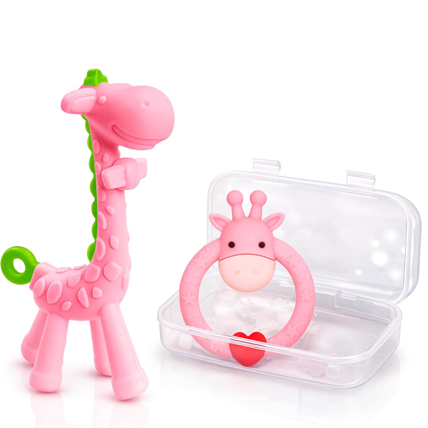 SHARE&&CARE BPA Free Silicone baby teether giraffe toy with storage case, for 3 months above infant sore gums pain relief (Pink)