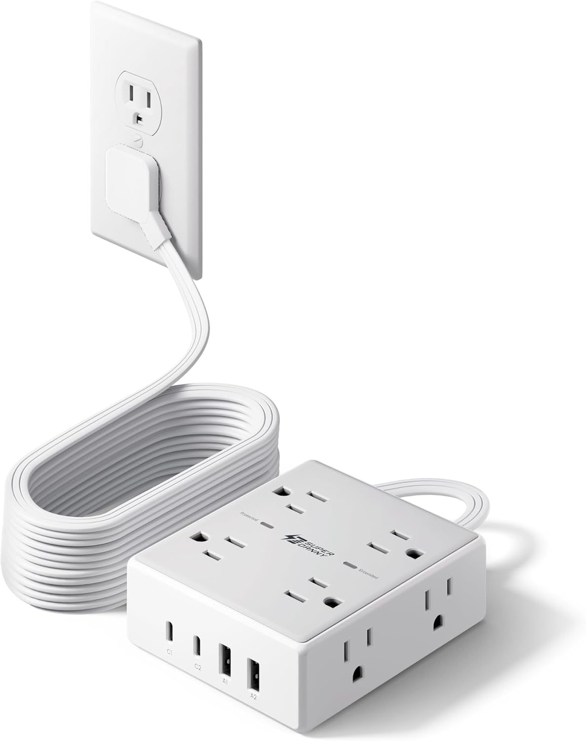 SUPERDANNY 10Ft Flat Plug Surge Protector Power Strip with 8 Outlets, 4 USB Ports, and Desk Charging Station