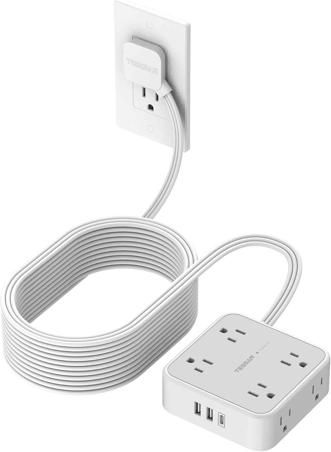 TESSAN Surge Protector Power Strip, 5 Ft Flat Plug Extension Cord with 3 USB (1 USB C) 8 Outlets, 900J Surge Protection, 3 Sided Outlet Extender with Power Switch for Office, Dorm Room Essentials