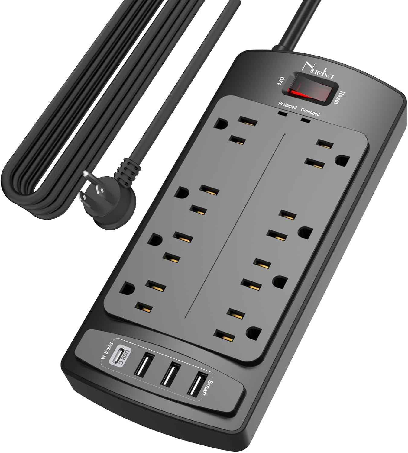 Surge Protector Power Strip - Nuetsa Flat Plug Extension Cord with 8 Outlets and 4 USB Ports, 6 Feet Power Cord (1625W/13A), 2700 Joules, ETL Listed, Black