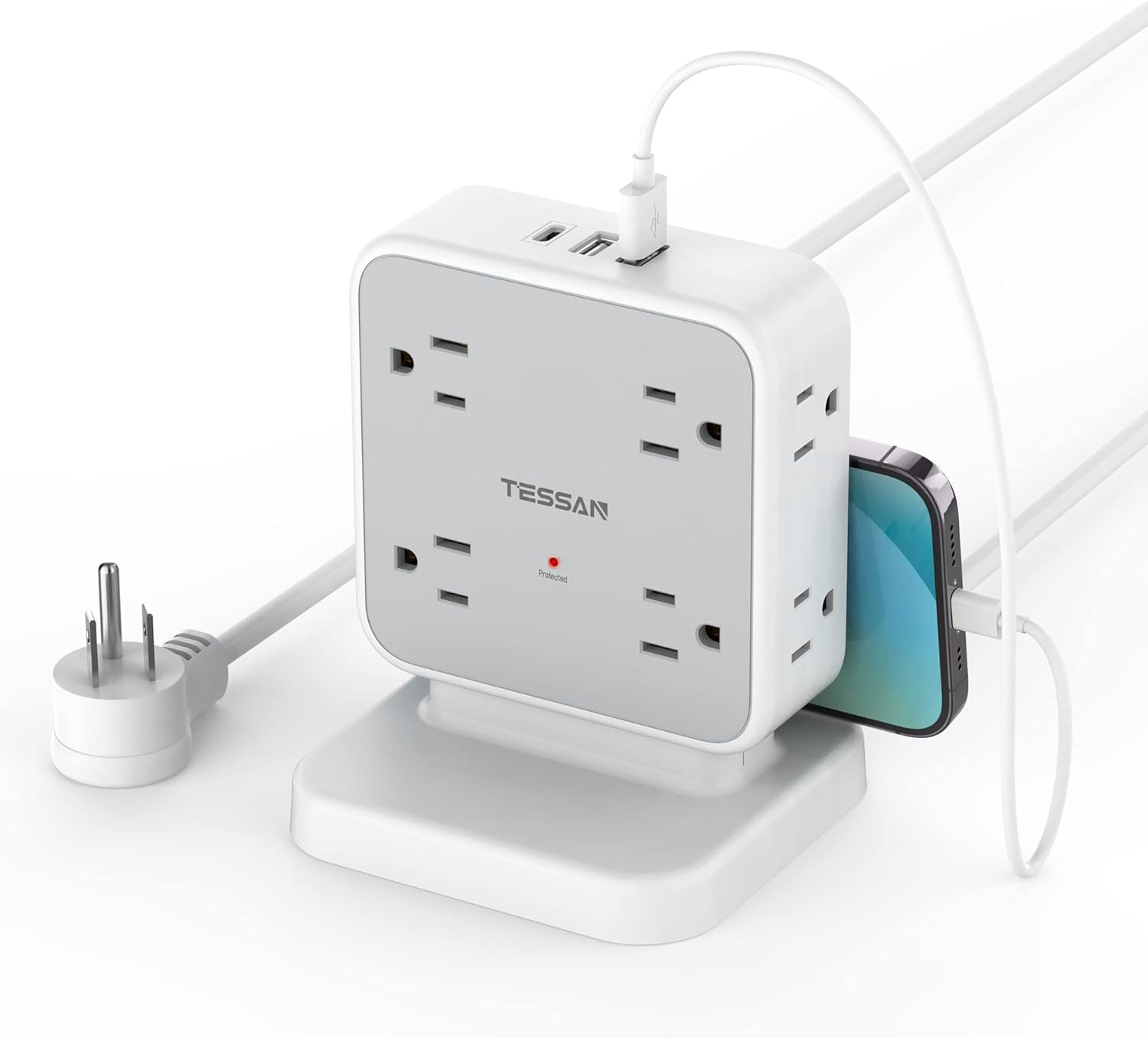 TESSAN 5 Ft flat plug extension cord with 3 USB, 8 outlets, 900J surge protection for office, dorm room essentials