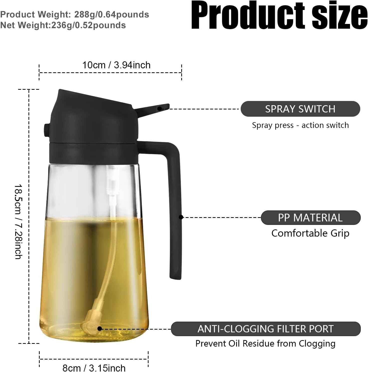 2 in 1 Glass Oil Sprayer & Dispenser,16oz/470ml Olive Cooking, Air Fryer, and Salad, for Kitchen Gadgets and Air Fryer Accessories, w/Stickers (Black)