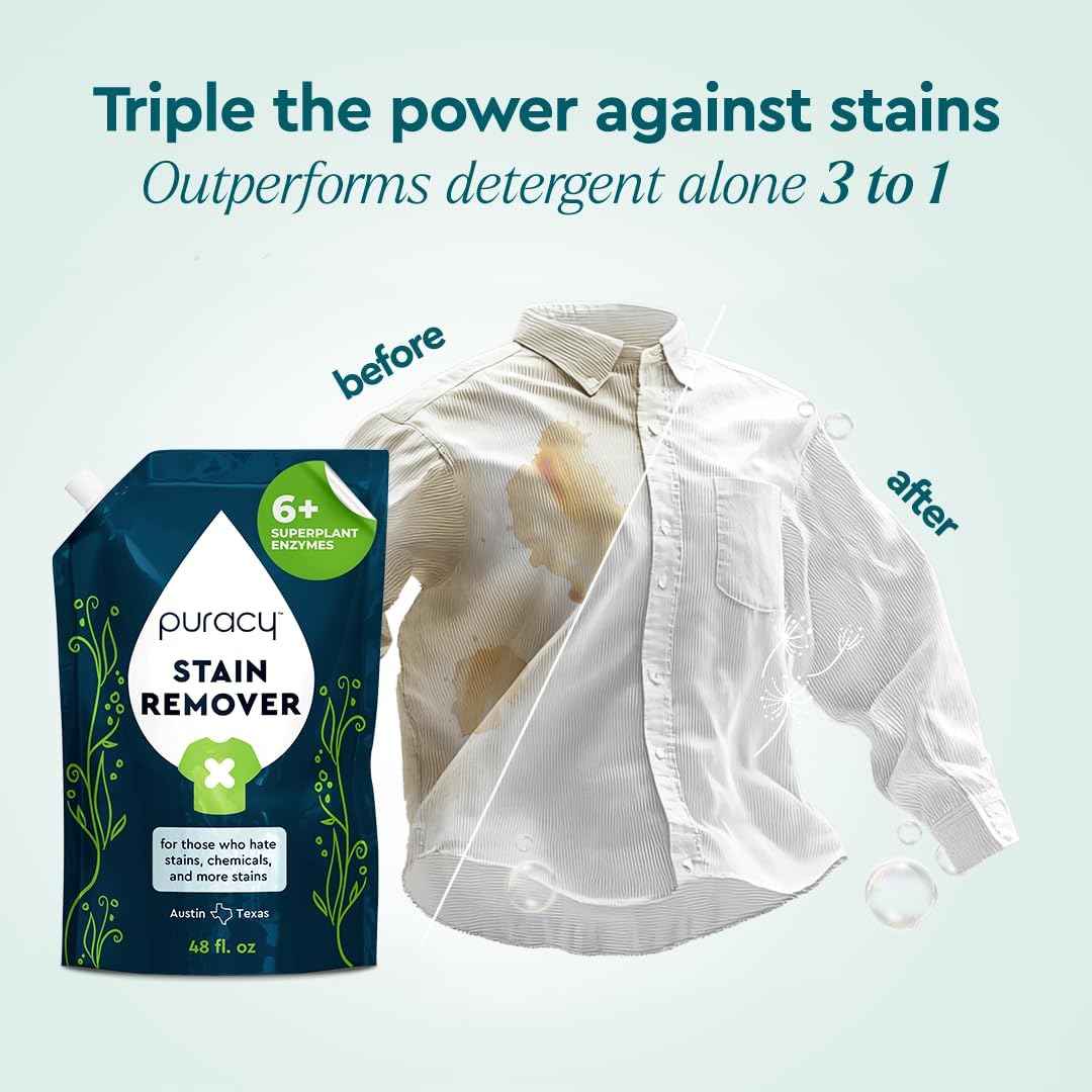 Puracy Stain Remover, Natural Travel and Laundry Stain Cleaner for Clothes, Baby Essentials, Kids Stains, Oil and Fabric Spot Cleaner, Unscented (Stain Remover Spray, 48 fl oz)