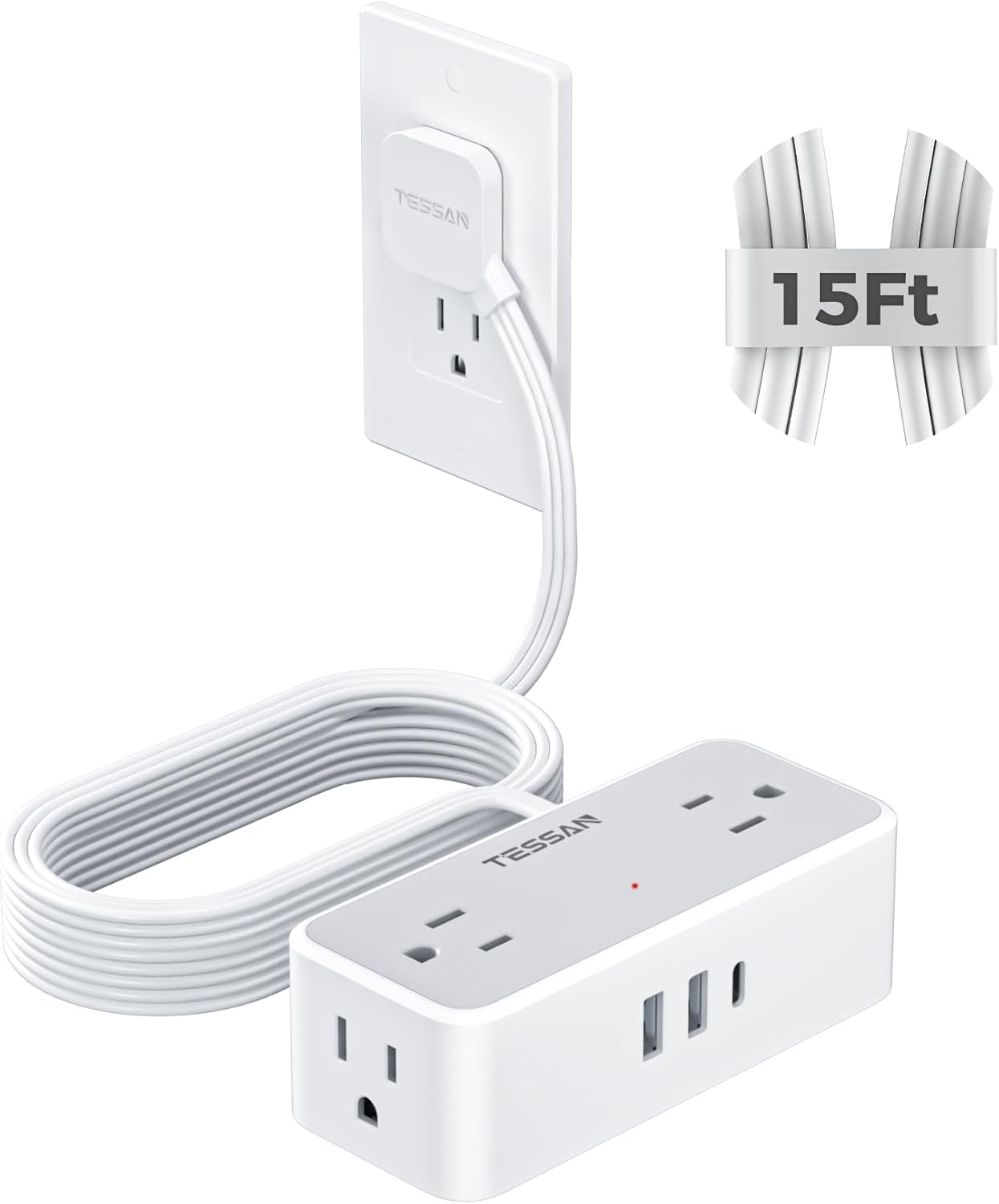 TESSAN 5 FT flat plug extension cord with 4 AC outlets and 3 USB ports for home office or dorm