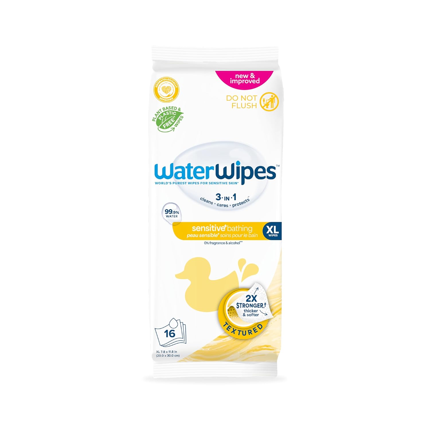 WaterWipes Sensitive+ Bathing Wipes, 3-In-1 Cleans, Cares, Protects, Unscented, Hypoallergenic, 99.9% Water, 16 Count, 1 Pack