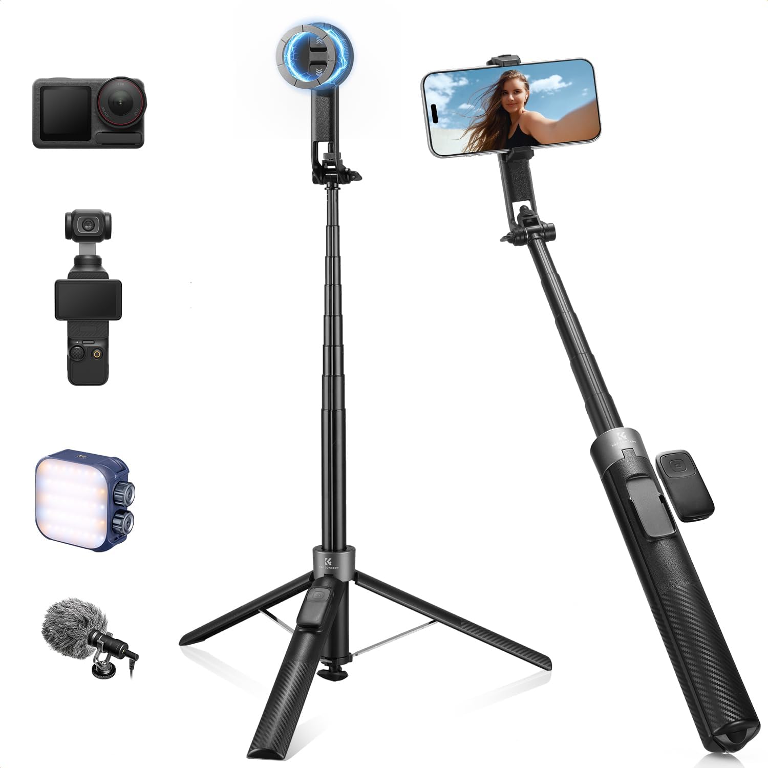K&F CONCEPT Popod 72" Phone Tripod, 3-in-1 Clip & Magnetic Selfie Stick with Remote, Automatic Phone Tripod Stand, Compatible with iPhone 17-12 Series Osmo Pocket 4/3 Insta360 X5 Android Phones