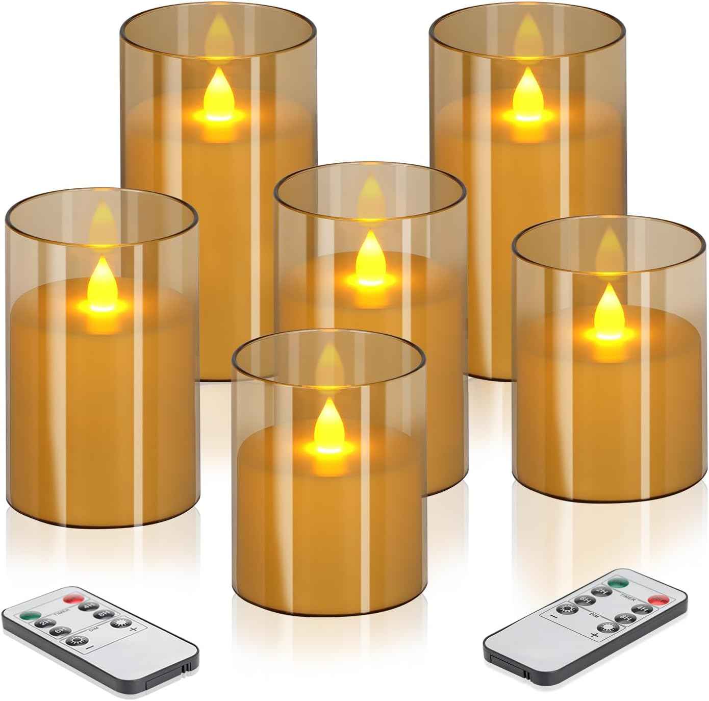 Flameless Candles 4" 5" 6" Set of 3 Acrylic Glass Pillars 3" Diameter Battery Operated Flickering Candles Include 10-Key Remote with Timer Function 400+ Hours (Gray, Warm Light 3 Pack)