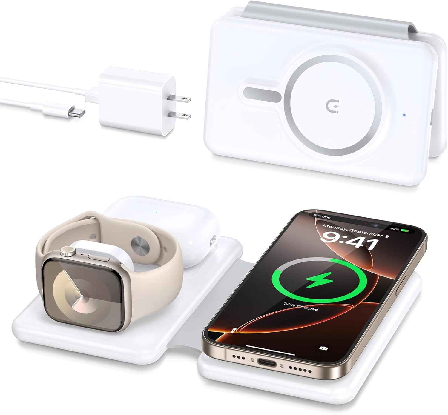 Magnetic Wireless Charger for iPhone: 3 in 1 Travel Charging Station for Apple Devices for iPhone 17 Air 16 15 14 13 12 Pro Max Plus - Foldable Charging Pad for Apple Watch Series & Airpods 4 3 2 Pro