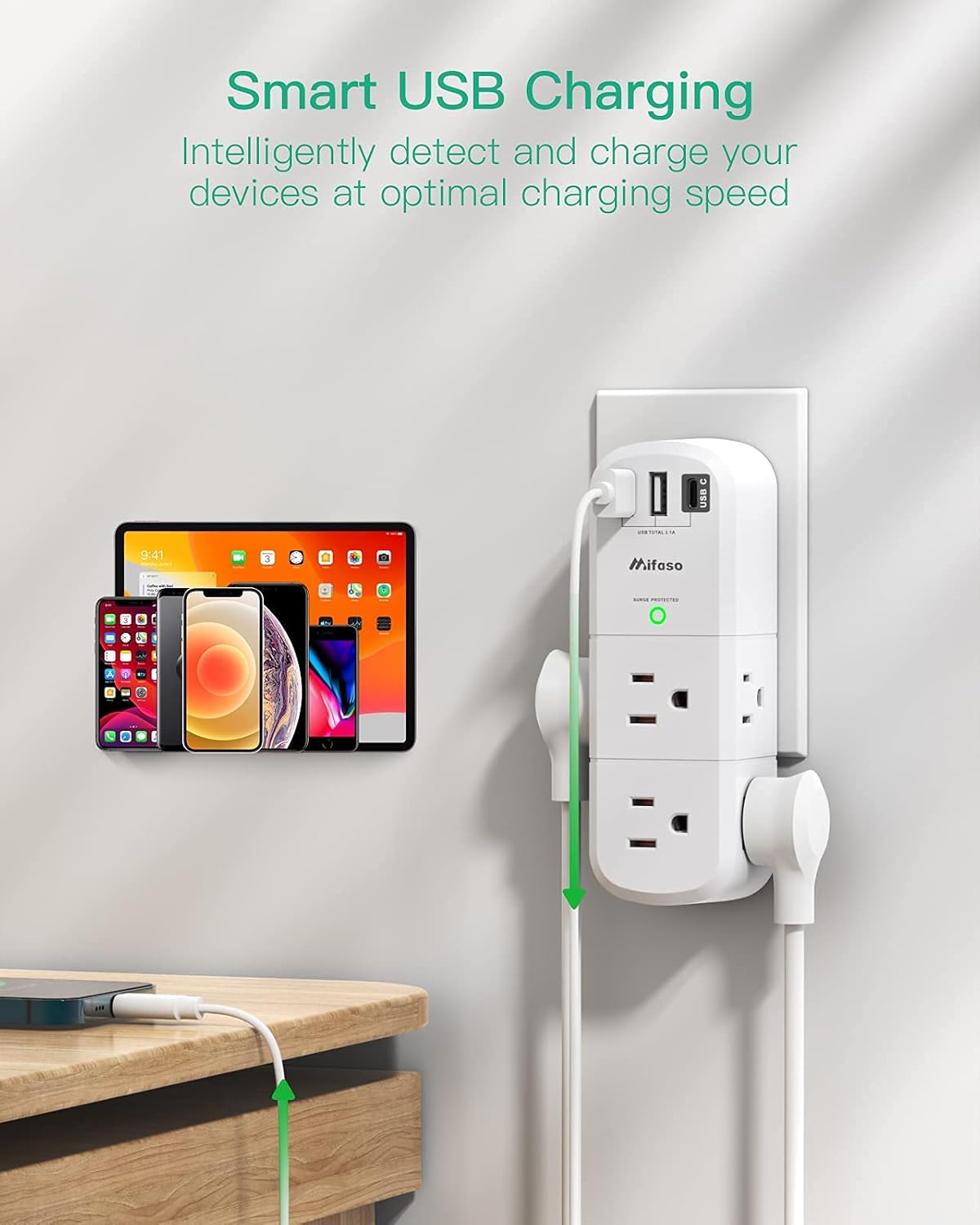 mifaso 3 sided swivel rotating plug surge protector with 6 ac multi plug wall outlets and 3 usb ports