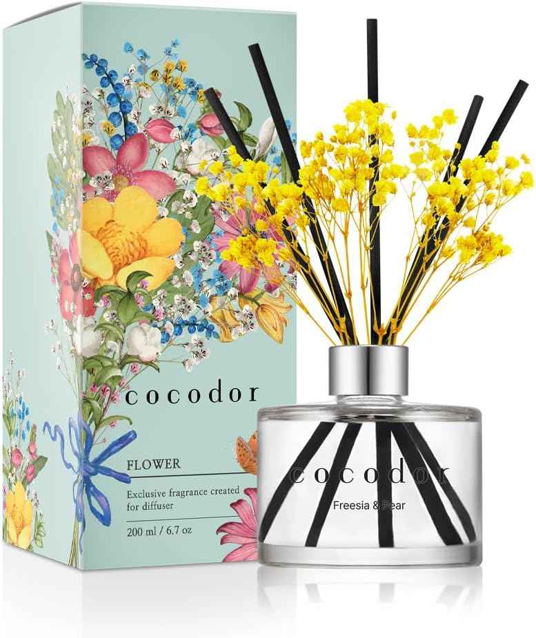 COCODOR Reed Diffuser Set with Preserved Baby's Breath with Sticks/April Breeze / 6.7oz / Scent Fragrance Oil Diffuser for Bedroom Bathroom Home Décor