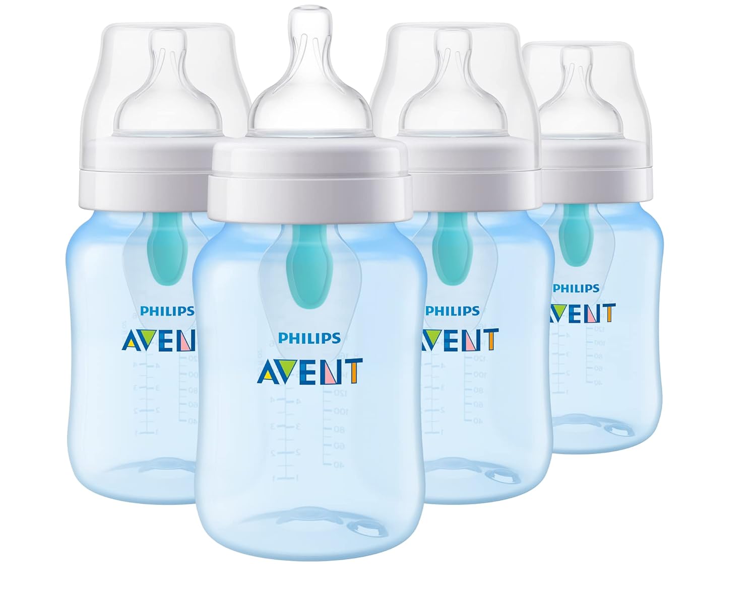 Philips Avent 9oz Anti-Colic Baby Bottle with AirFree Vent, 4pk, Clear, Flow 2 Nipples, 1m+