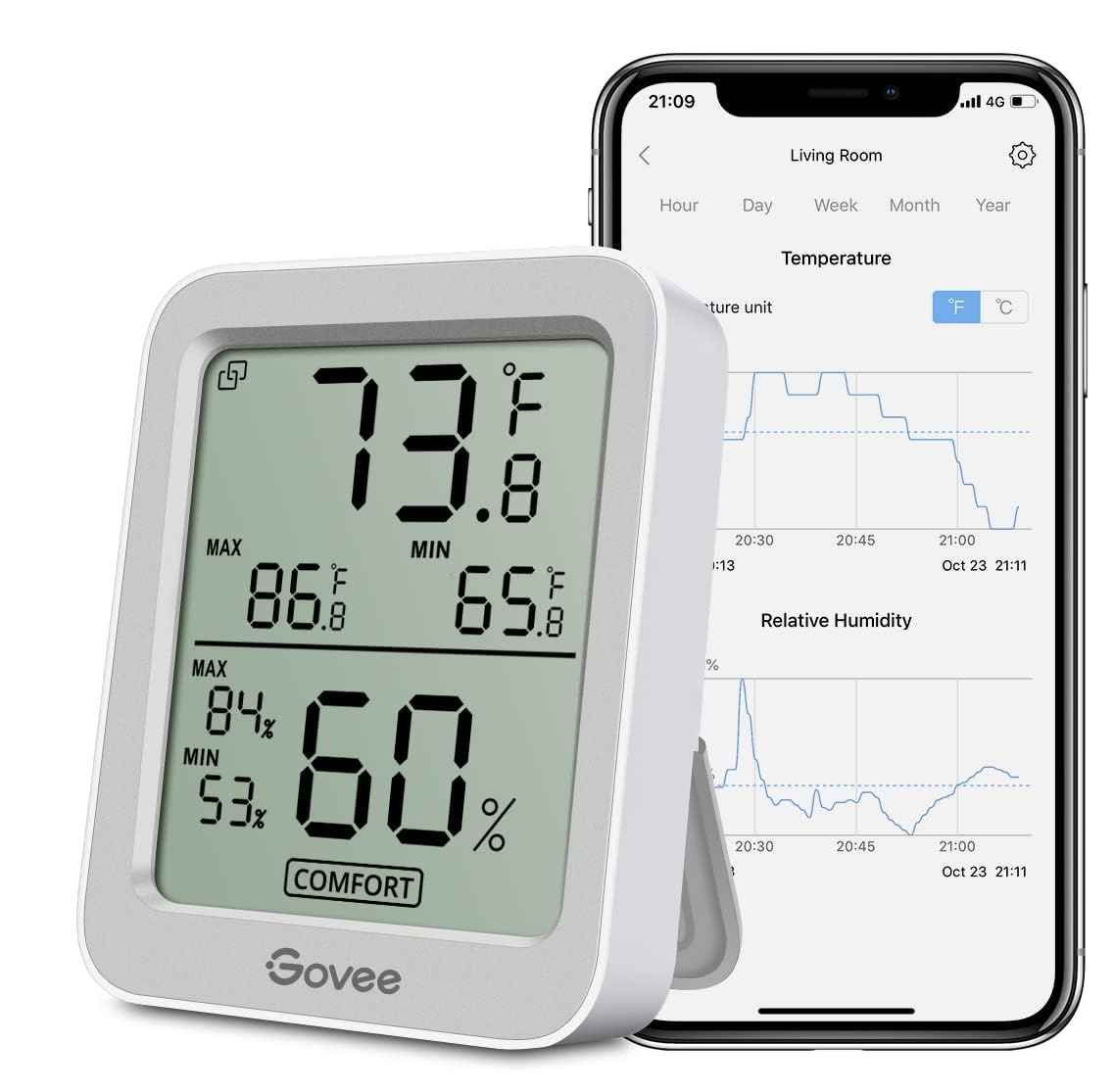 Govee Digital Hygrometer Indoor Thermometer Room H5075, Bluetooth Temperature Humidity Meter with 164ft Remote App Control, Notification Alerts, 2 Years Data Storage Export for Bedroom, Wine Cellar