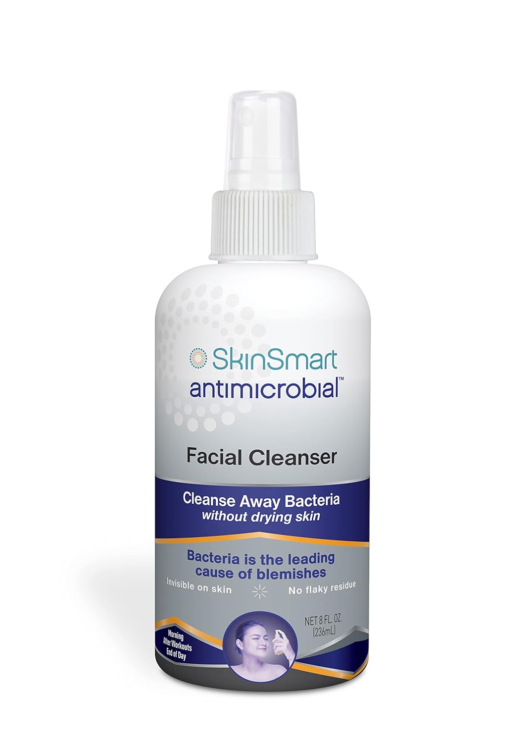 SkinSmart antimicrobial facial cleanser for breakouts and blemishes, with hypochlorous acid formula, 8 oz spray, gentle for all ages and skin types