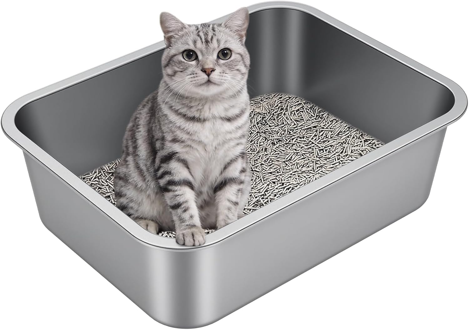 stainless steel metal cat litter box with high sides odor-free non-stick for indoor cats and kittens