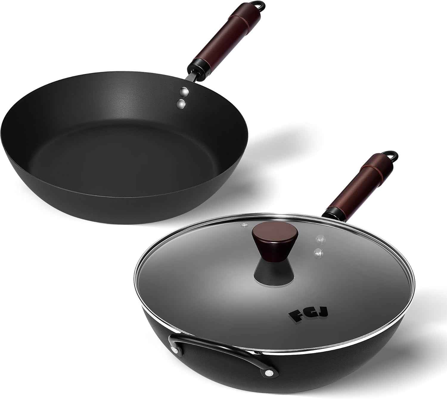 Wok, 13 Inch carbon steel woks & stir-fry pans nonstick, Pre-Seasoned 5.8QT Flat Bottom Chinese Wok Paella Pan with lid, Carbon Steel Cookware, Compatible with All Cooktops