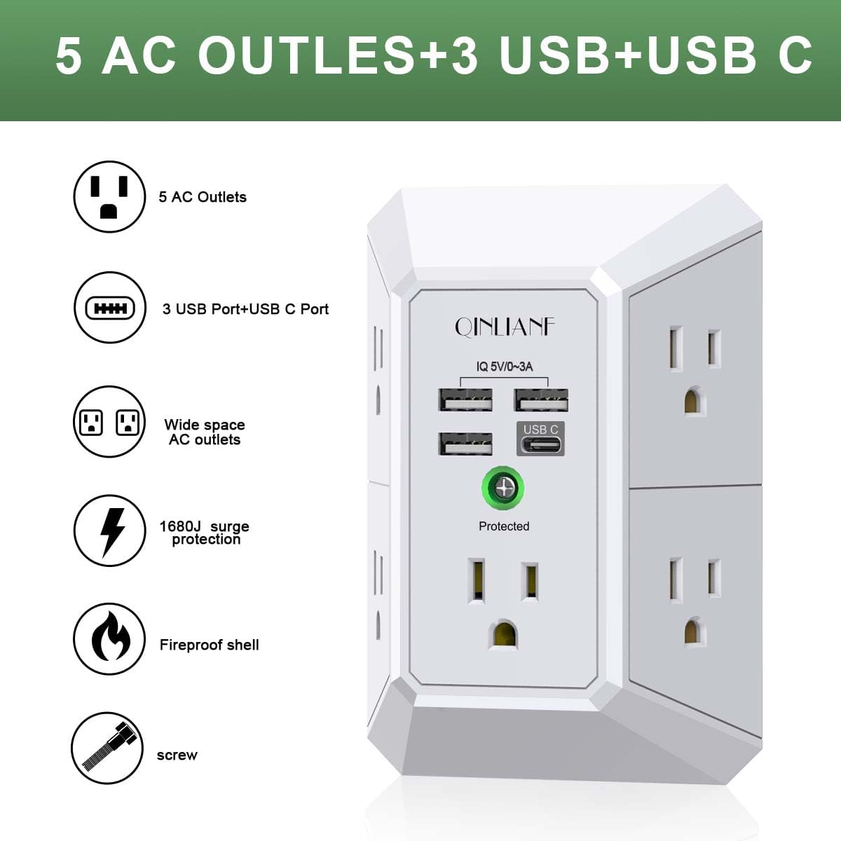 Wall Charger, Surge Protector, QINLIANF 5 Outlet Extender with 4 USB Charging Ports, 3-Sided 1680J Power Strip Multi Plug Adapter Spaced for Home Travel Office