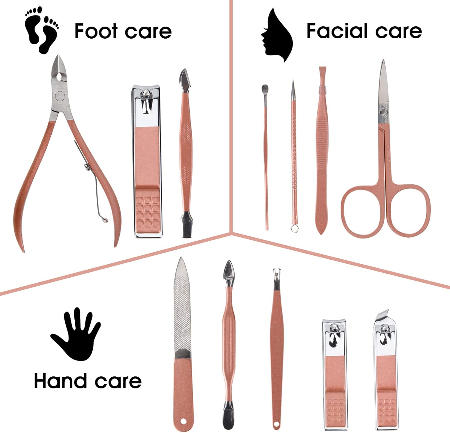 Nail clippers and beauty tool portable set with 12 in 1 manicure kit and pink leather bag