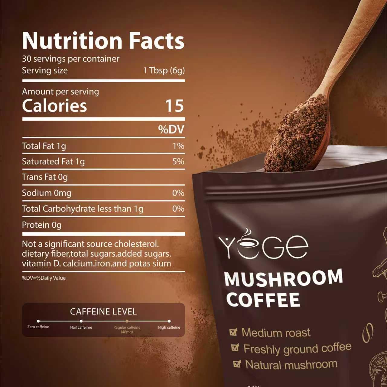Instant mushroom coffee with cordyceps, reishi, and arabica beans for energy and immune support (30 servings)