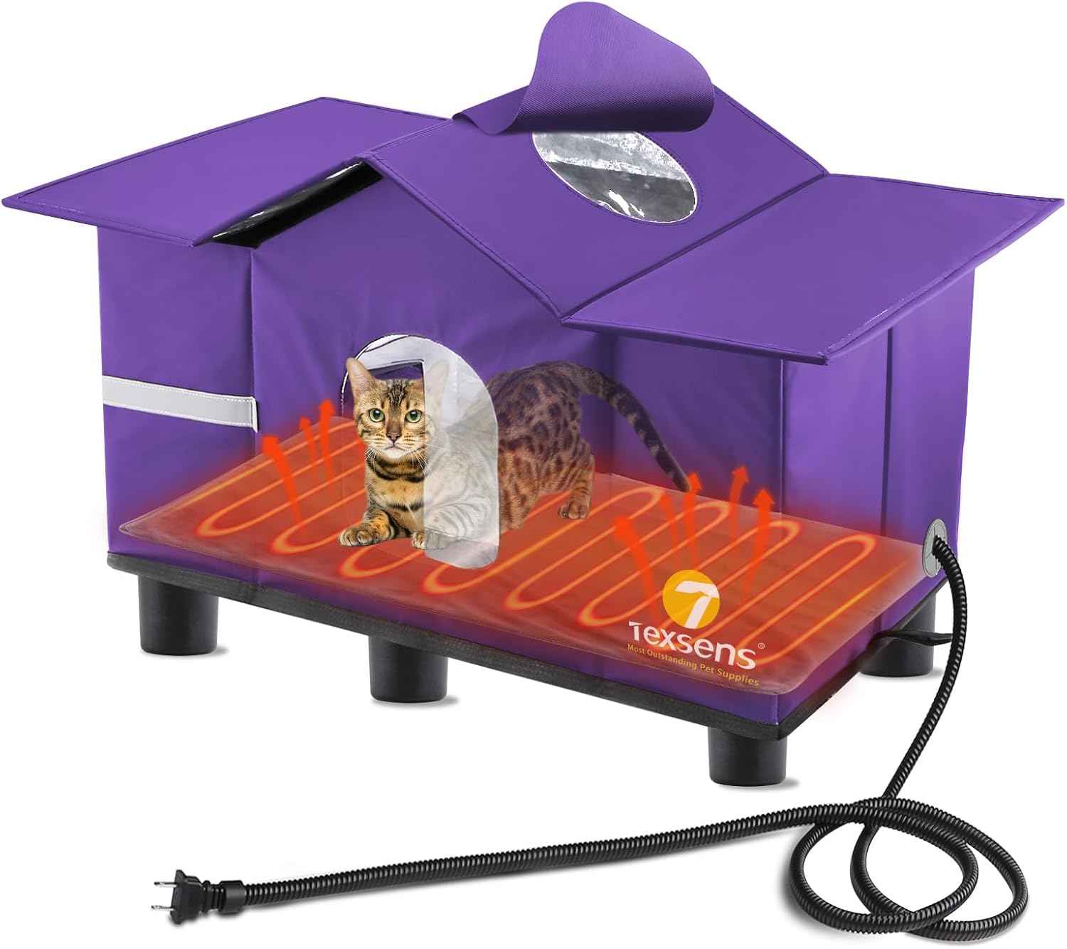 Texsens Heated Cat House for Outside - Weatherproof Large Outdoor Cat Shelter with Roof Window & Cozy Cushion - Ideal for Stray/Feral Cats