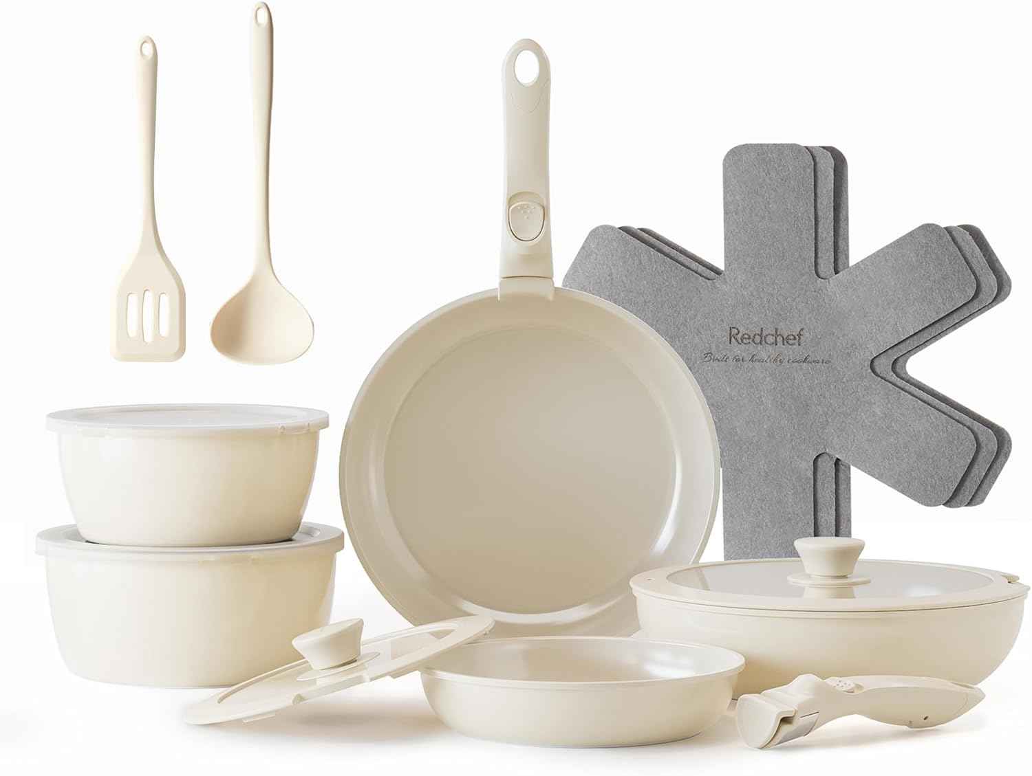 Redchef Ceramic Pots and Pans Set, Nonstick Kitchen Cookware Set with Detachable Handle, Non Toxic Cookware Set 16pcs, PFAS PFOA & PTFE Free, RV Ceramic Cookware for Camping, Dishwasher/Oven Safe