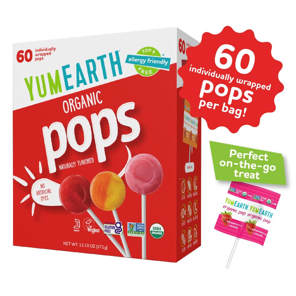 yumearth organic pops variety pack, 60 fruit flavored lollipops, allergy friendly, gluten free, non-gmo, vegan, no artificial dyes