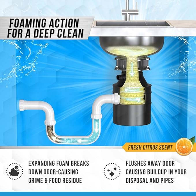 Garbage Disposal Cleaner Deodorizer Tablets - 24 Pack, New Powerful XL Foaming Tablet - Fresh Citrus Foam Sink Garburator Disposer Freshener, Natural Kitchen Drain Cleaning Care - 1 Year Supply - Rayz Mart
