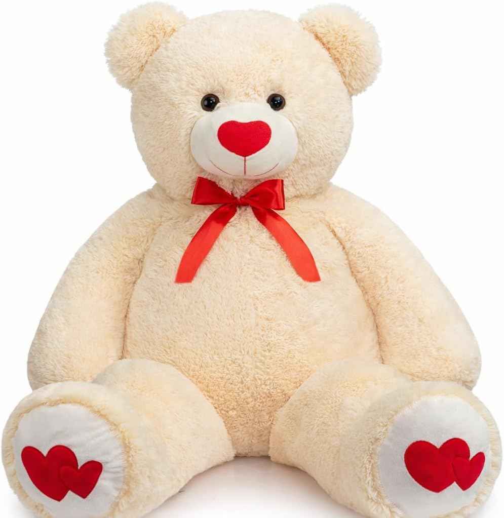 HollyHOME Big Teddy Bear Stuffed Animal Valentines Large Bear Plush with Red Heart for Girlfriend and Kids Valentines 36 inch Tan