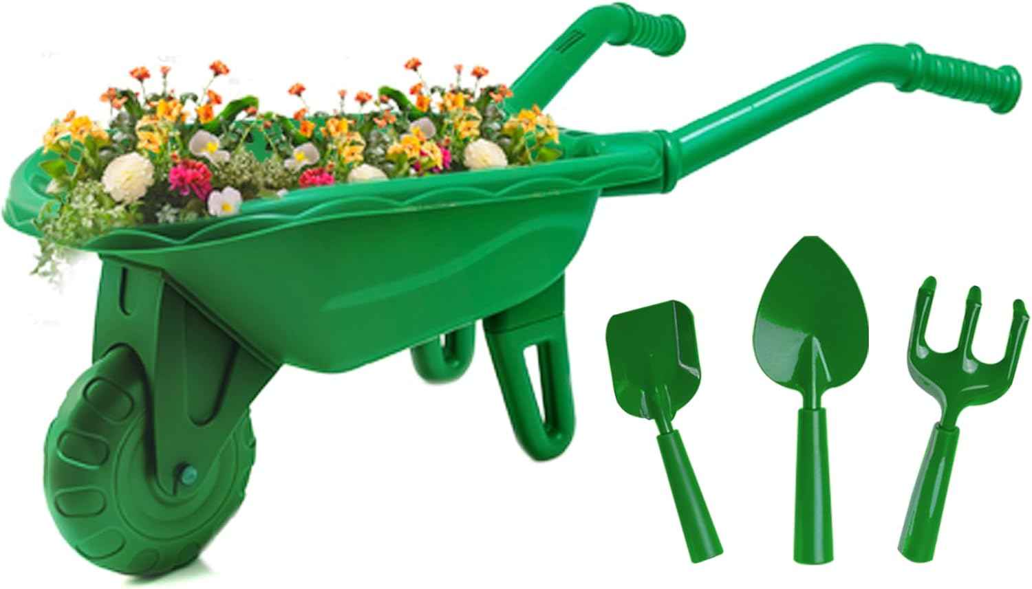 Duckura Kids Gardening Tools Set - 7pcs Wheelbarrow Set for Kids with Shovel, Rake, Leaf Rake, Summer Outdoor Yard Digging Weed Birthday Gifts Toys, Valentine's for Boys Girls Age 2 3+ Years(Green)