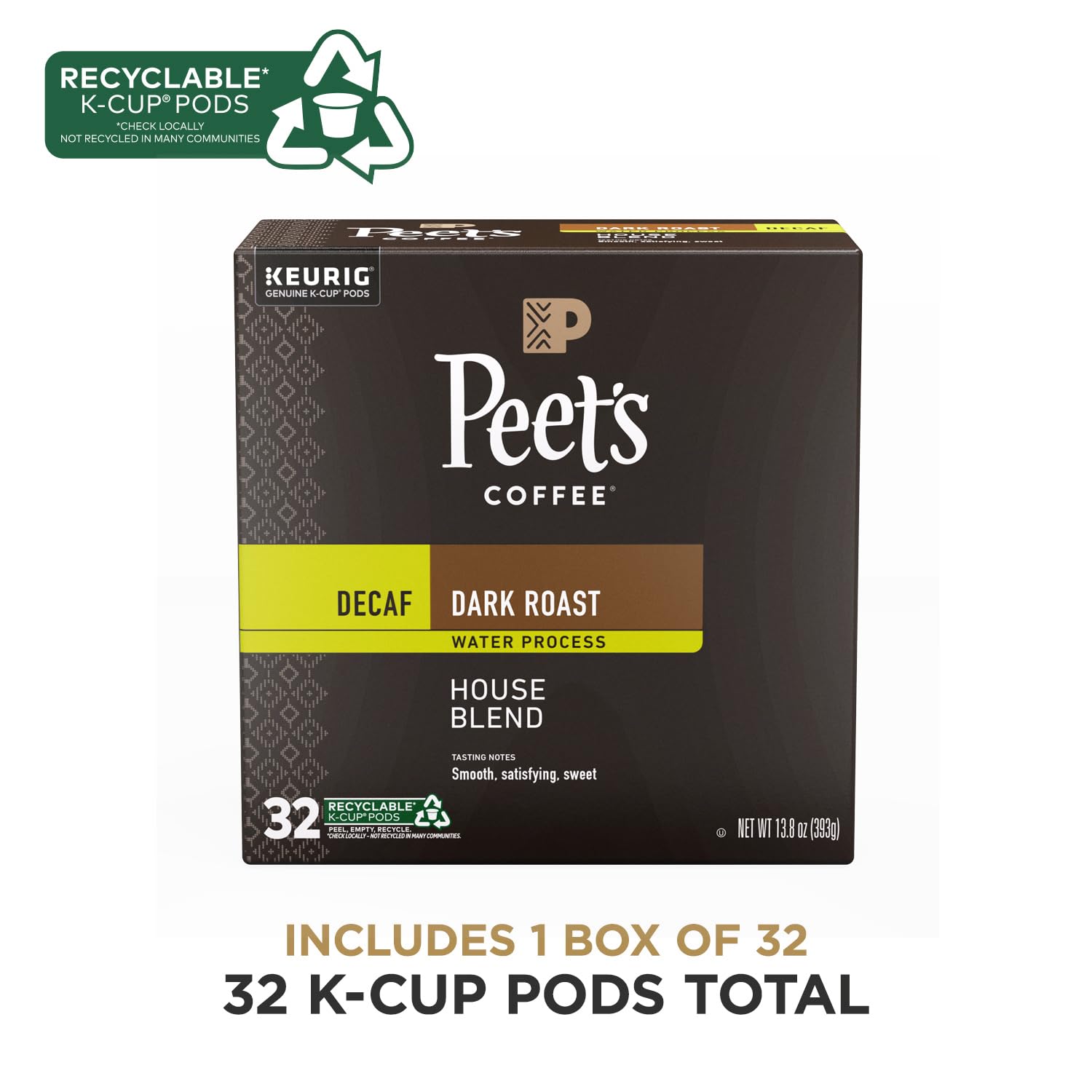 peets coffee, dark roast decaf, 100% arabica, single serve coffee pods, 32 count box