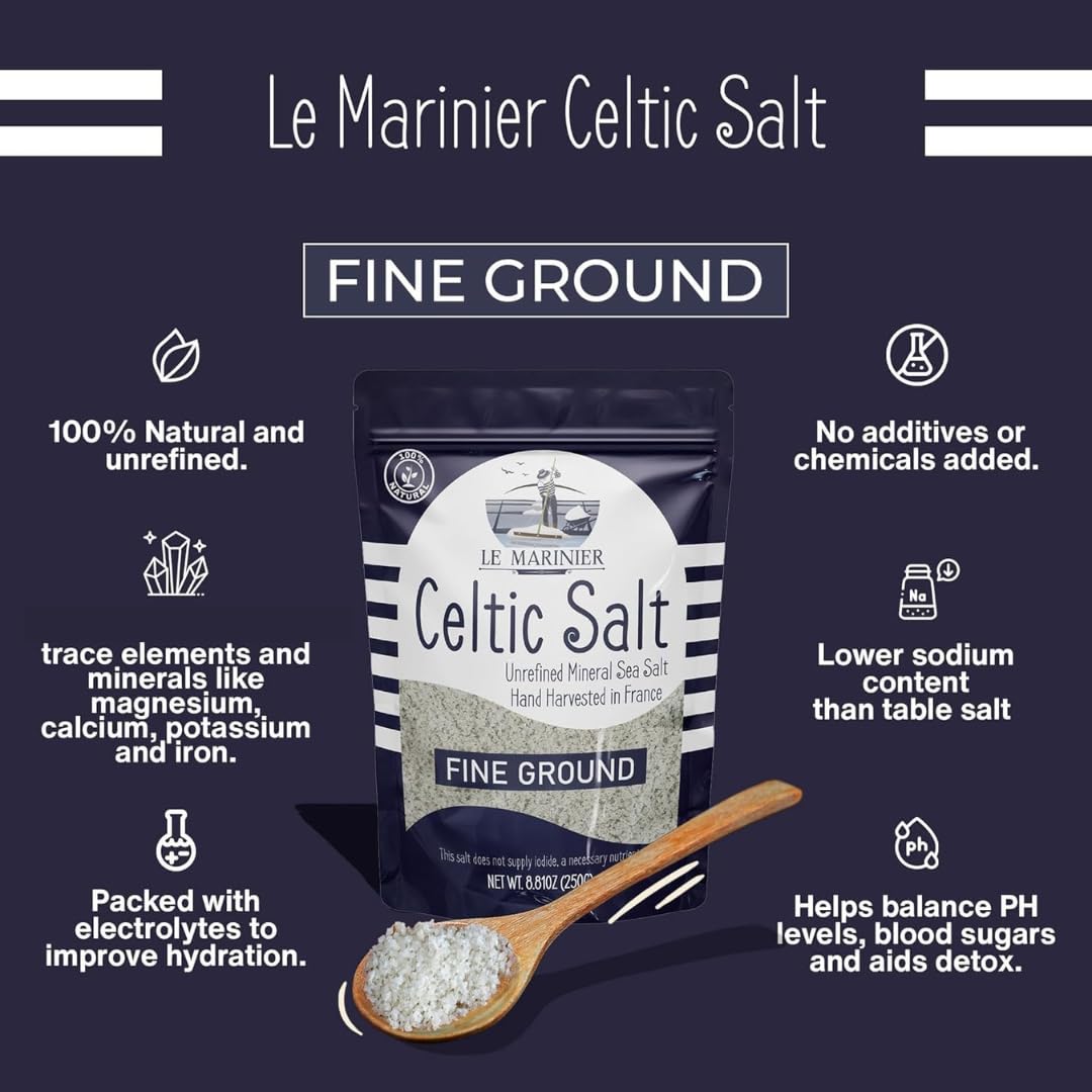 le marinier celtic salt fine ground, 1.1lb mineral rich organic french sea salt, 100% natural and unrefined