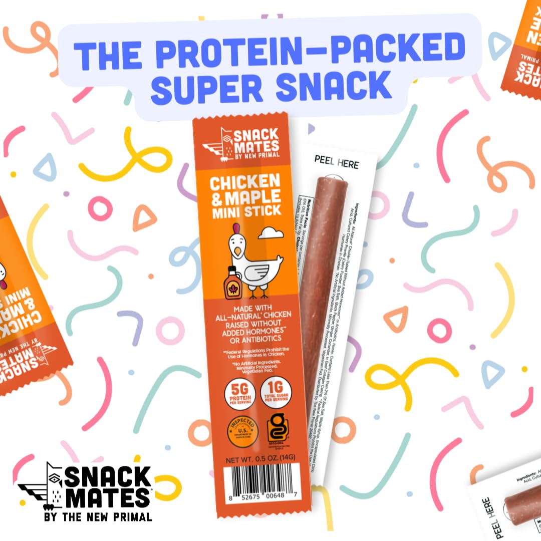 New Primal Snack Mates Gluten-Free Chicken & Maple Sticks, Healthy Snacks for Kids, Low Sugar High Protein, 15 Pack