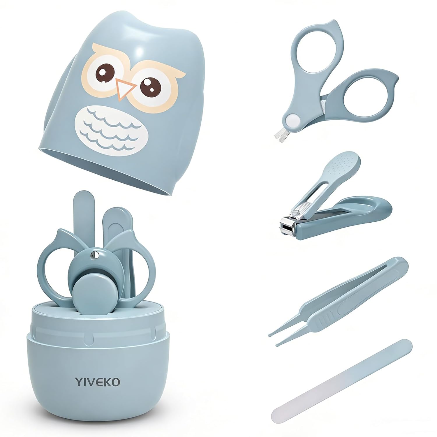 Baby Nail Care Kit, 4-in-1 Set with Owl Case, Clippers, Scissors, File & Tweezers for Newborn to Toddler Kids, Owl Green