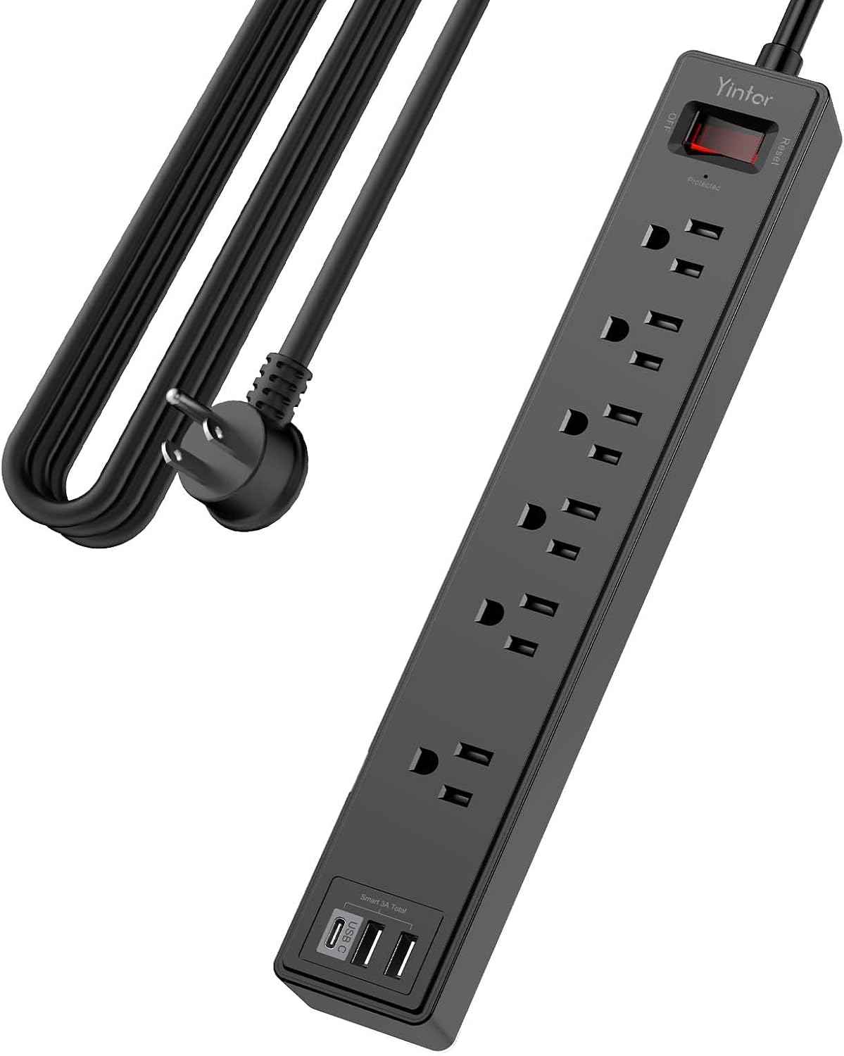 6Ft Power Strip Surge Protector - Yintar Extension Cord with 6 AC Outlets and 3 USB Ports for for Home, Office, Dorm Essentials, 1680 Joules, ETL Listed, (Black)