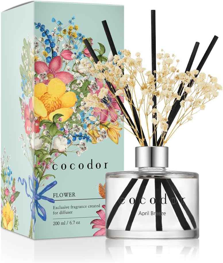 COCODOR Reed Diffuser Set with Preserved Baby's Breath with Sticks/April Breeze / 6.7oz / Scent Fragrance Oil Diffuser for Bedroom Bathroom Home Décor