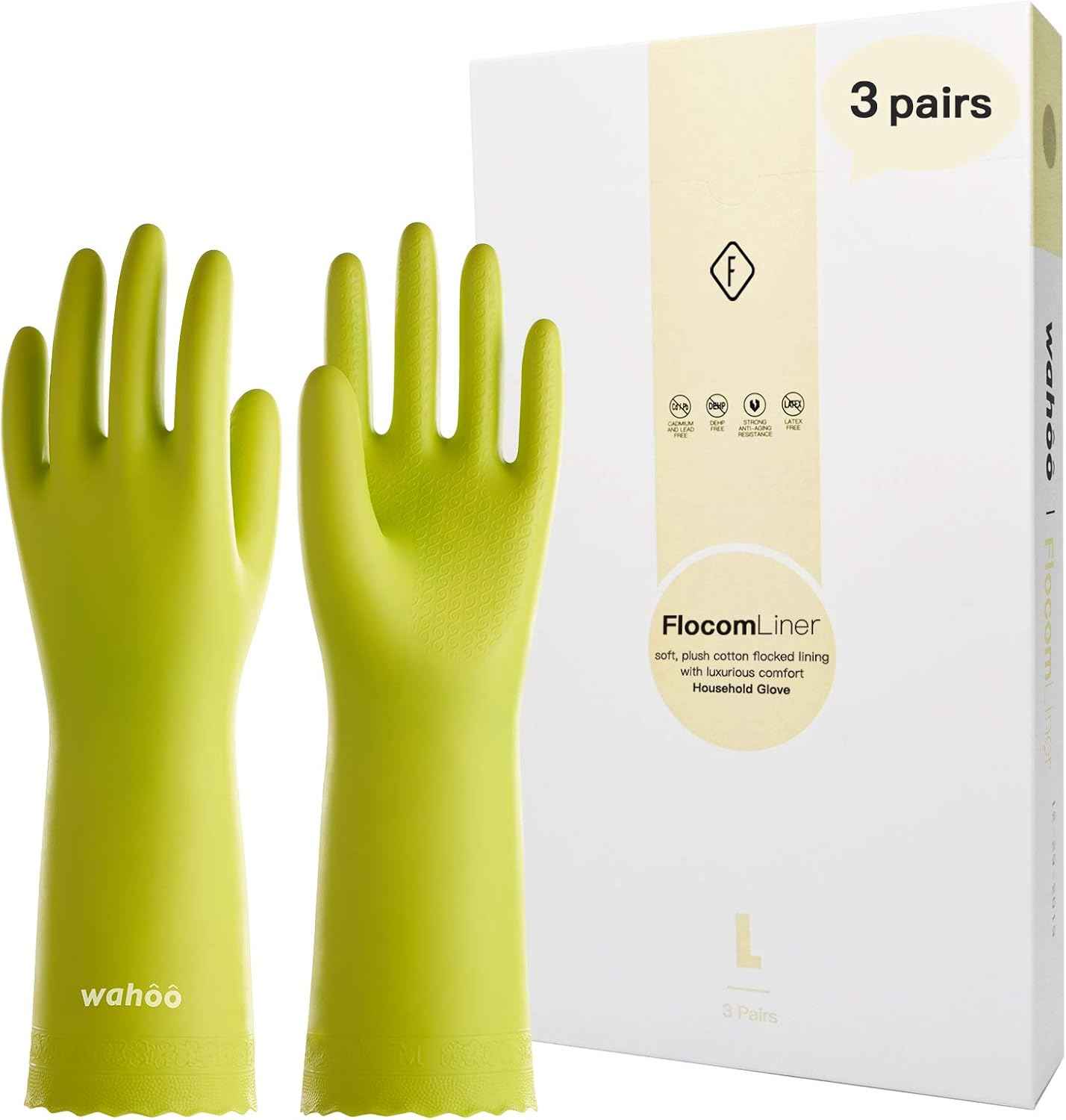LANON 3 Pairs wahoo Skin-Friendly Cleaning Gloves, Dishwashing Kitchen Gloves with Cotton Flocked Liner, Reusable, Non-Slip, Mauve Mist, Large