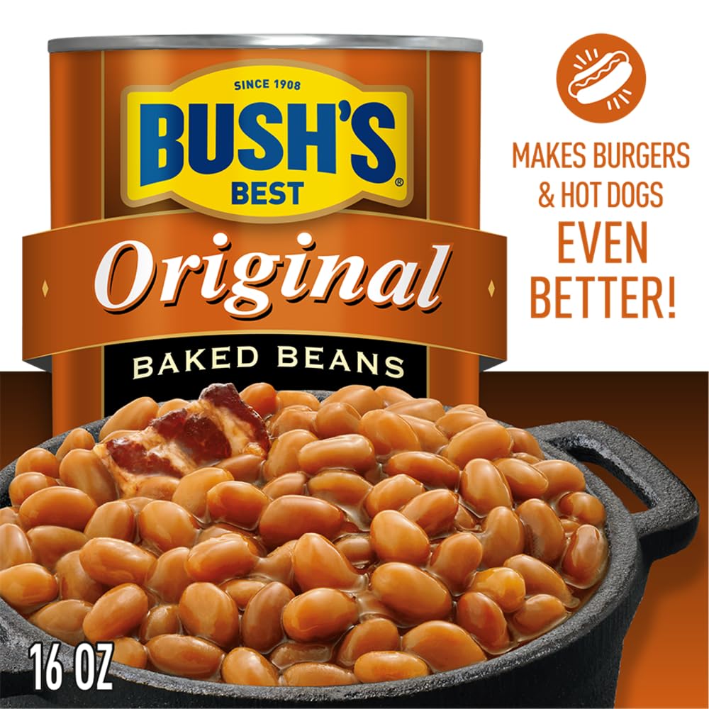 Bush's Best 16 oz canned original baked beans, plant-based protein, fiber, low fat, gluten free, 12 pack
