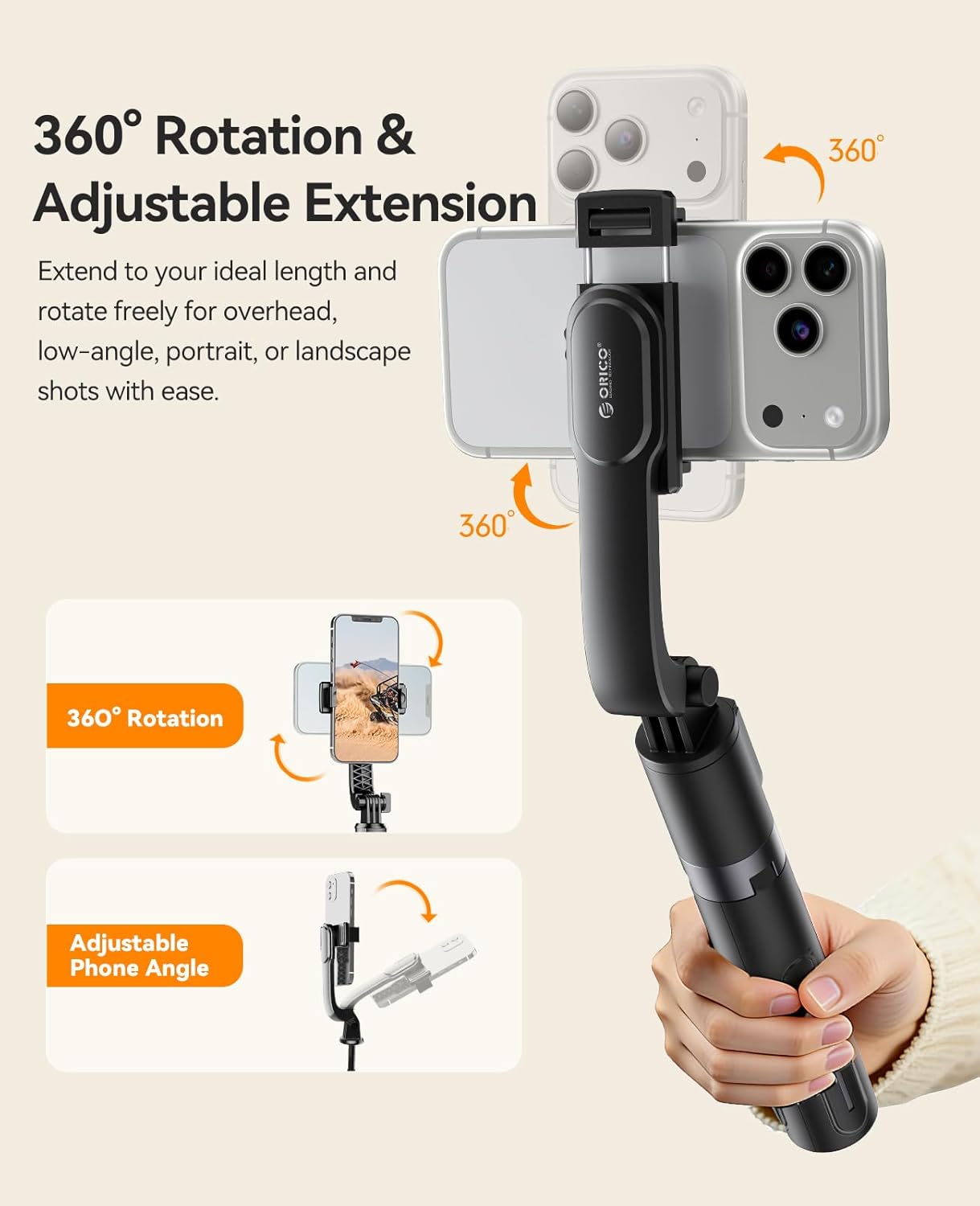 ORICO Aluminum Portable Selfie Stick Tripod, 35'' Mini Tripod for iPhone, Extendable Stand with Detachable Wireless Remote & 360° Rotating Phone Holder – Ideal for Content Creators, Vloggers, Travel